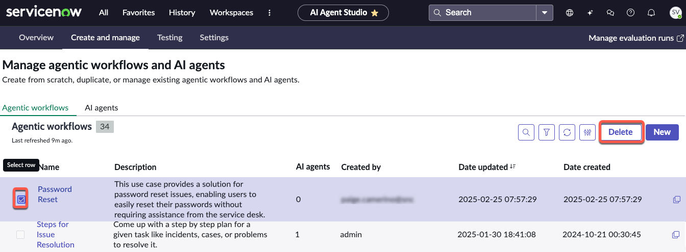 Selecting an agentic workflow for deletion.