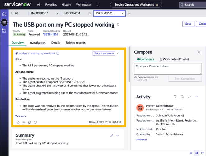 Incident summarization in Now Assist for ITSM in Next Experience
