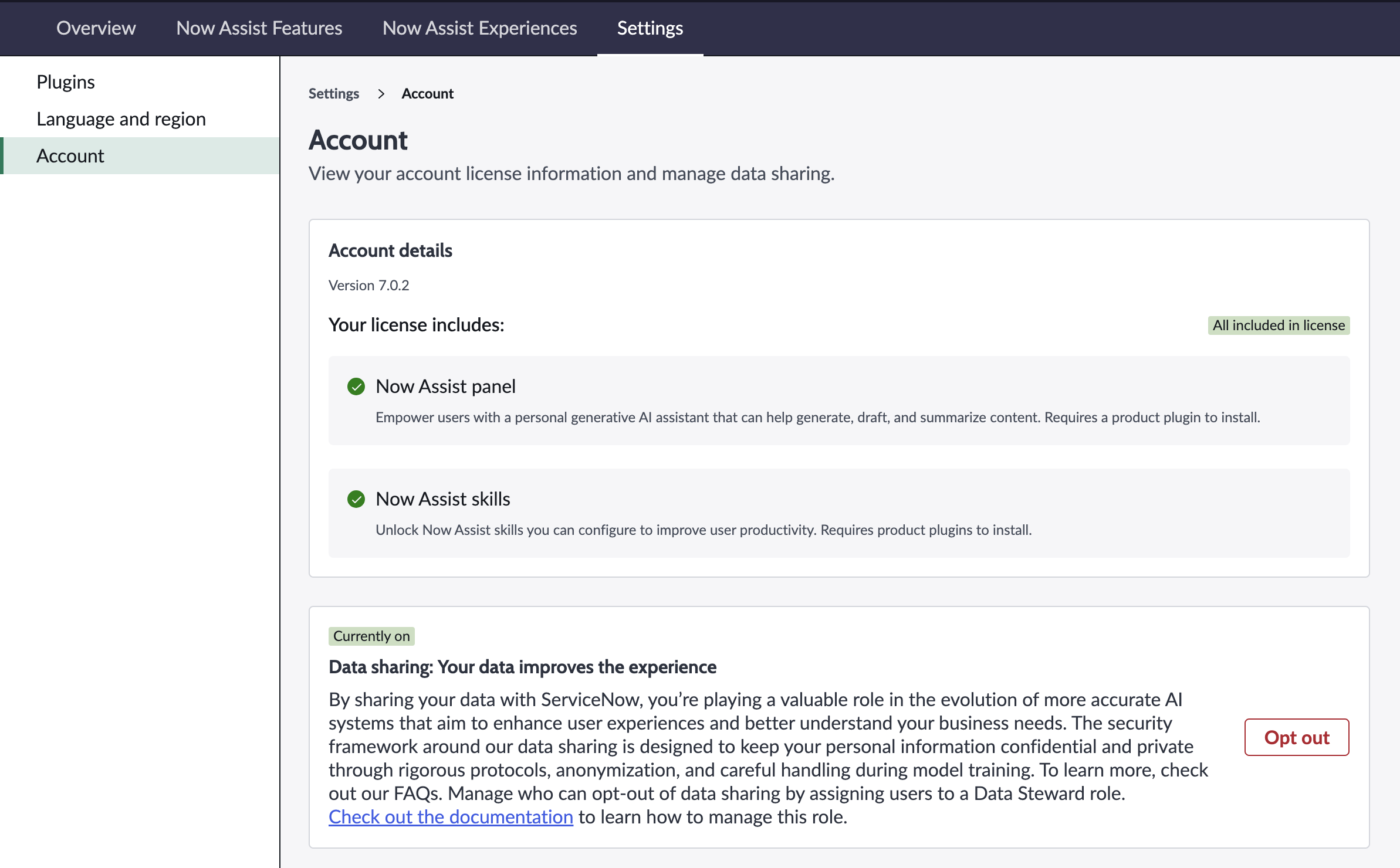 Settings page on the Account tab with license details that show the Now Assist panel and Now Assist skills included in the license and that data sharing is currently on.