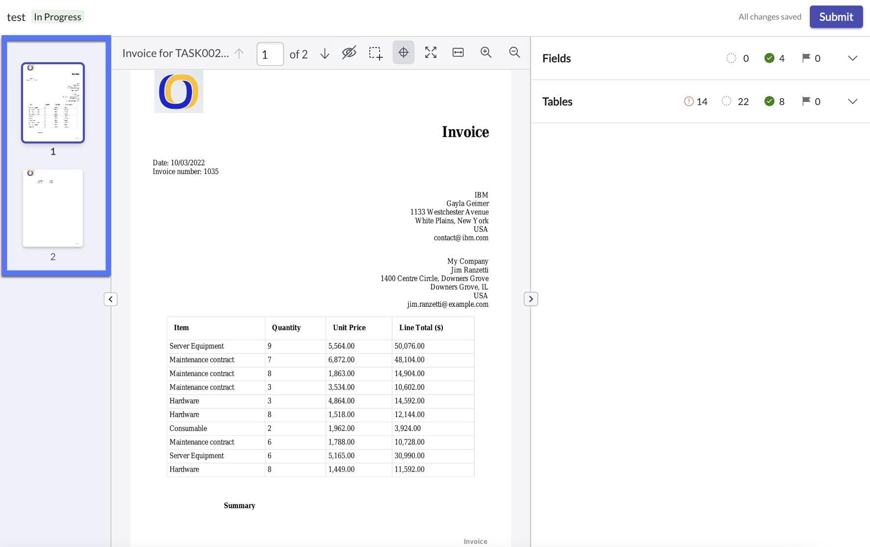Document Intelligence workspace with multiple pages in the thumbnail panel.