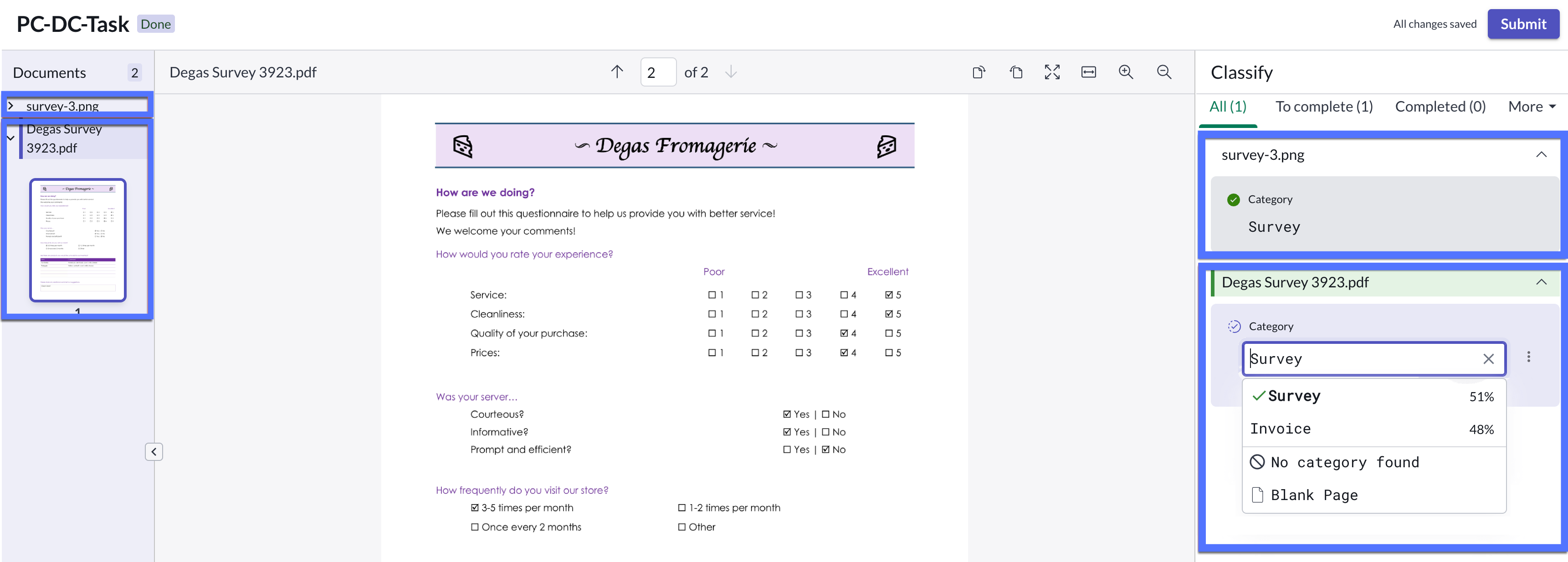 Category fields in the Classify panel corresponding to the documents shown in the thumbnail panel.