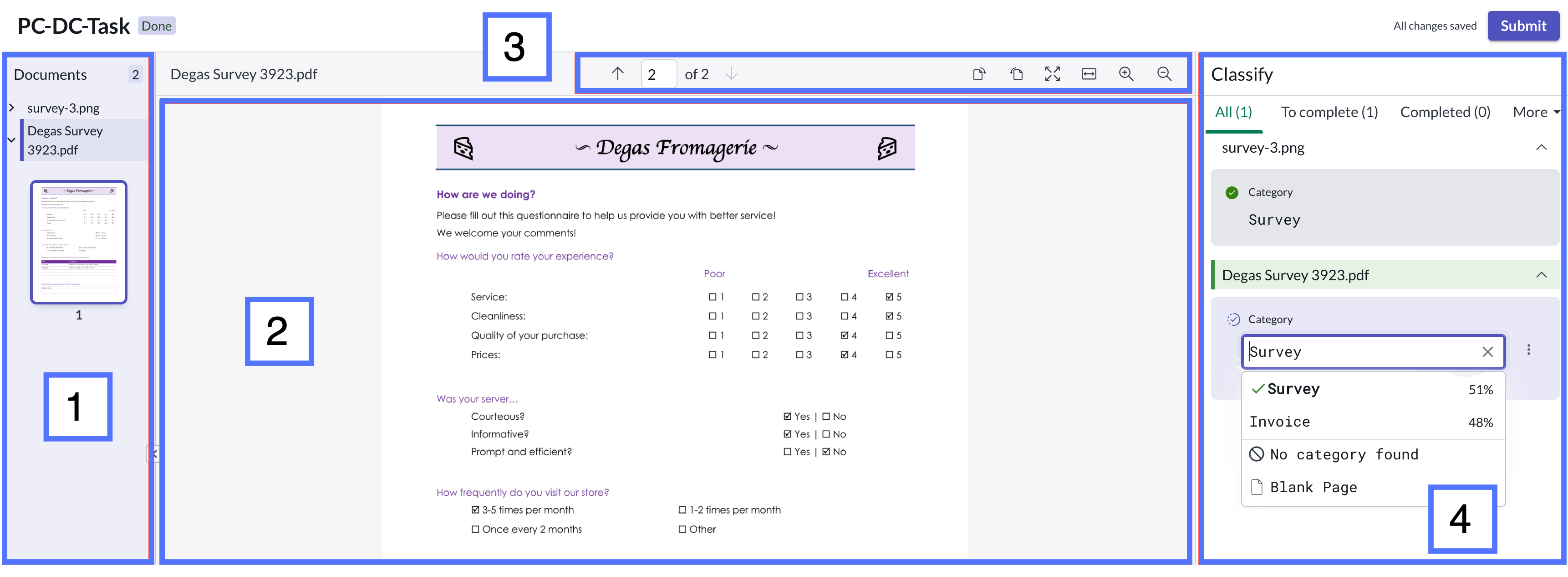 Areas of the Document Intelligence workspace for document classification.