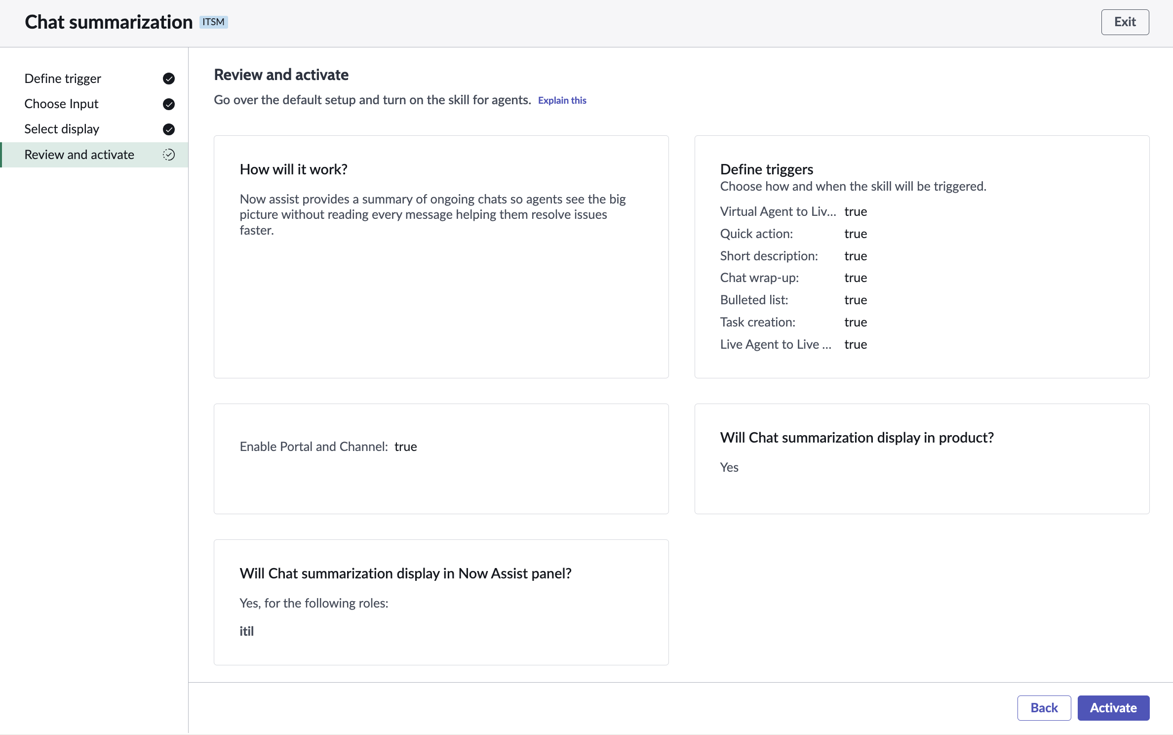 Review and activate step for Now Assist chat summarization.
