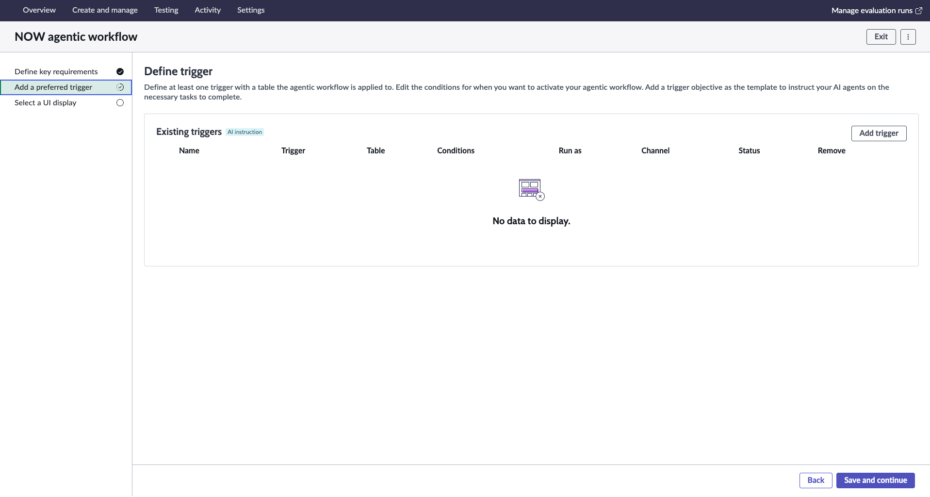 Agentic workflow Guided Setup showcasing the Add trigger page.