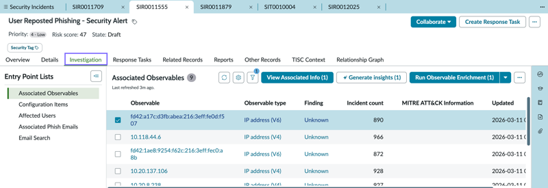 Investigation tab related records list