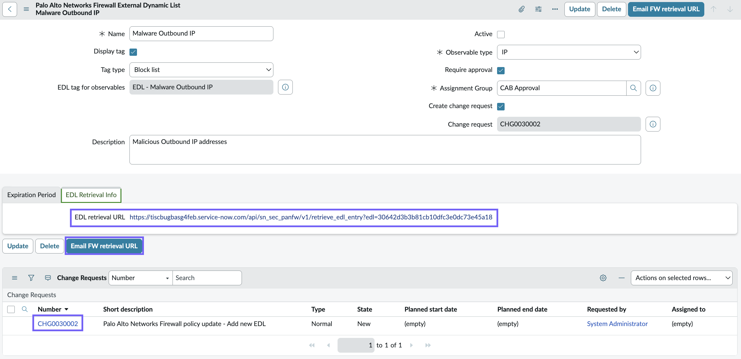 EDL retrieval URL, Email retrieval URL button, and link to the change request.