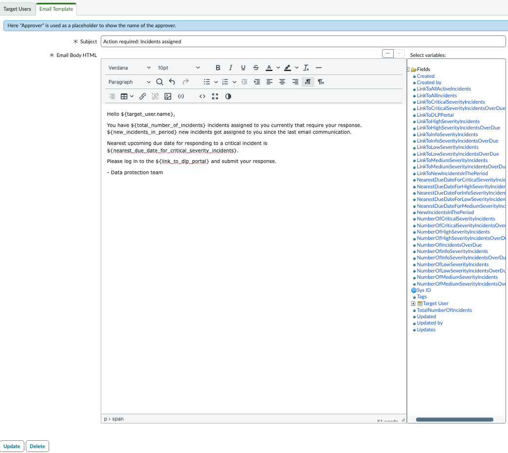 Email template with fields to select variables.