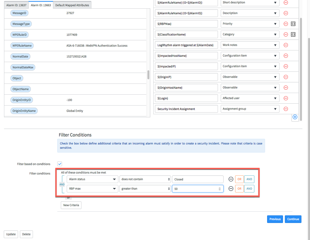 Add a new filter condition to ingest alarms with a risk-based priority greater than 50.