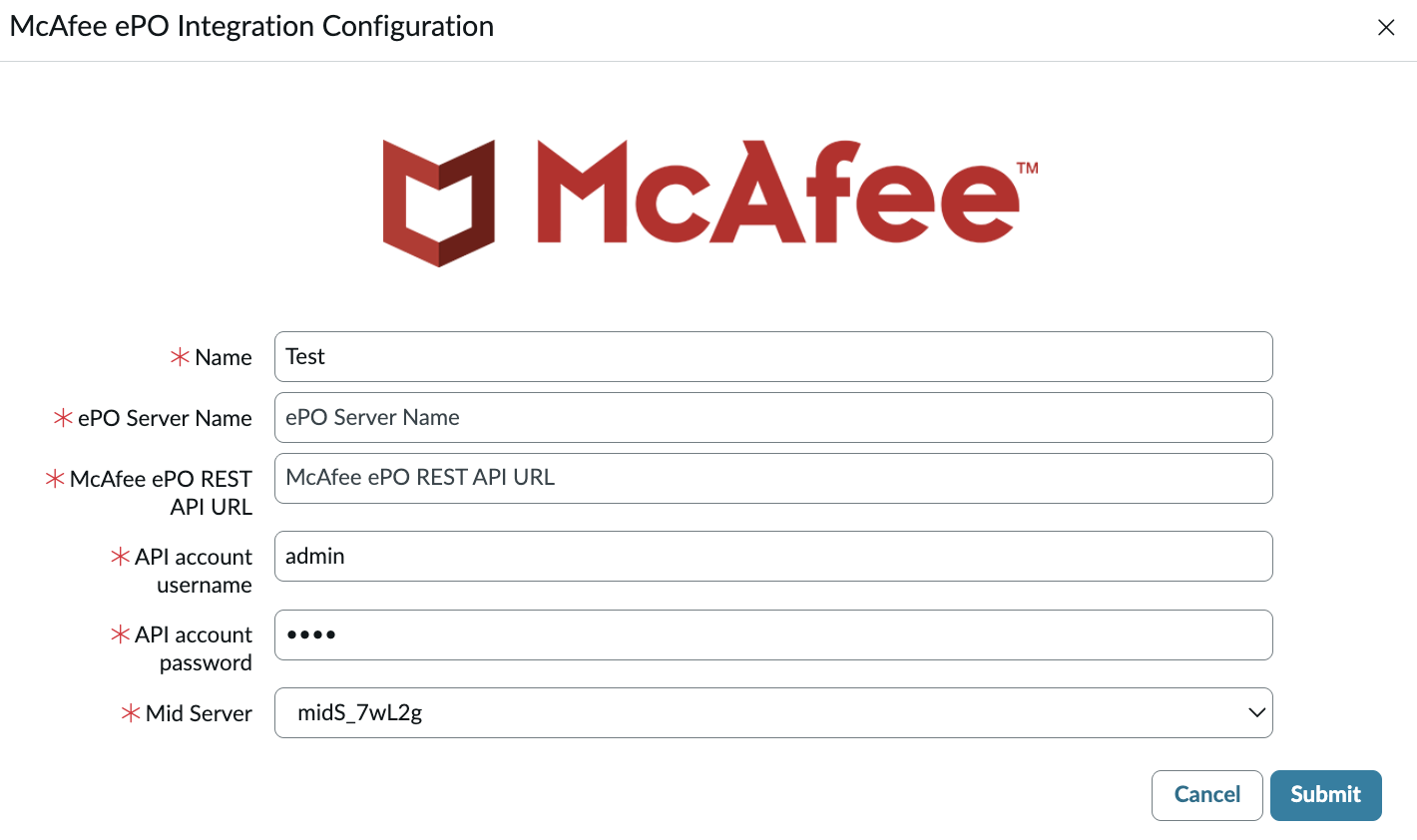 McAfee ePO Integration Configuration settings