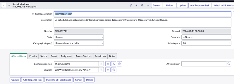 Security incident in SIR workspace view