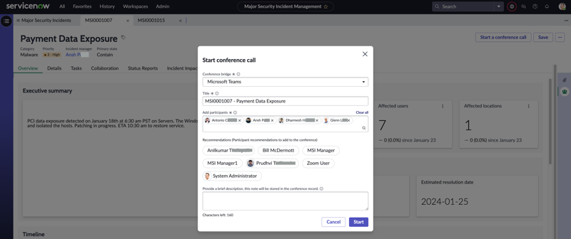 Steps to start a conference call for the major security incident