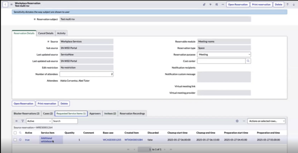 Selected reservation showing the moved workplace services in the Requested Service Items tab.