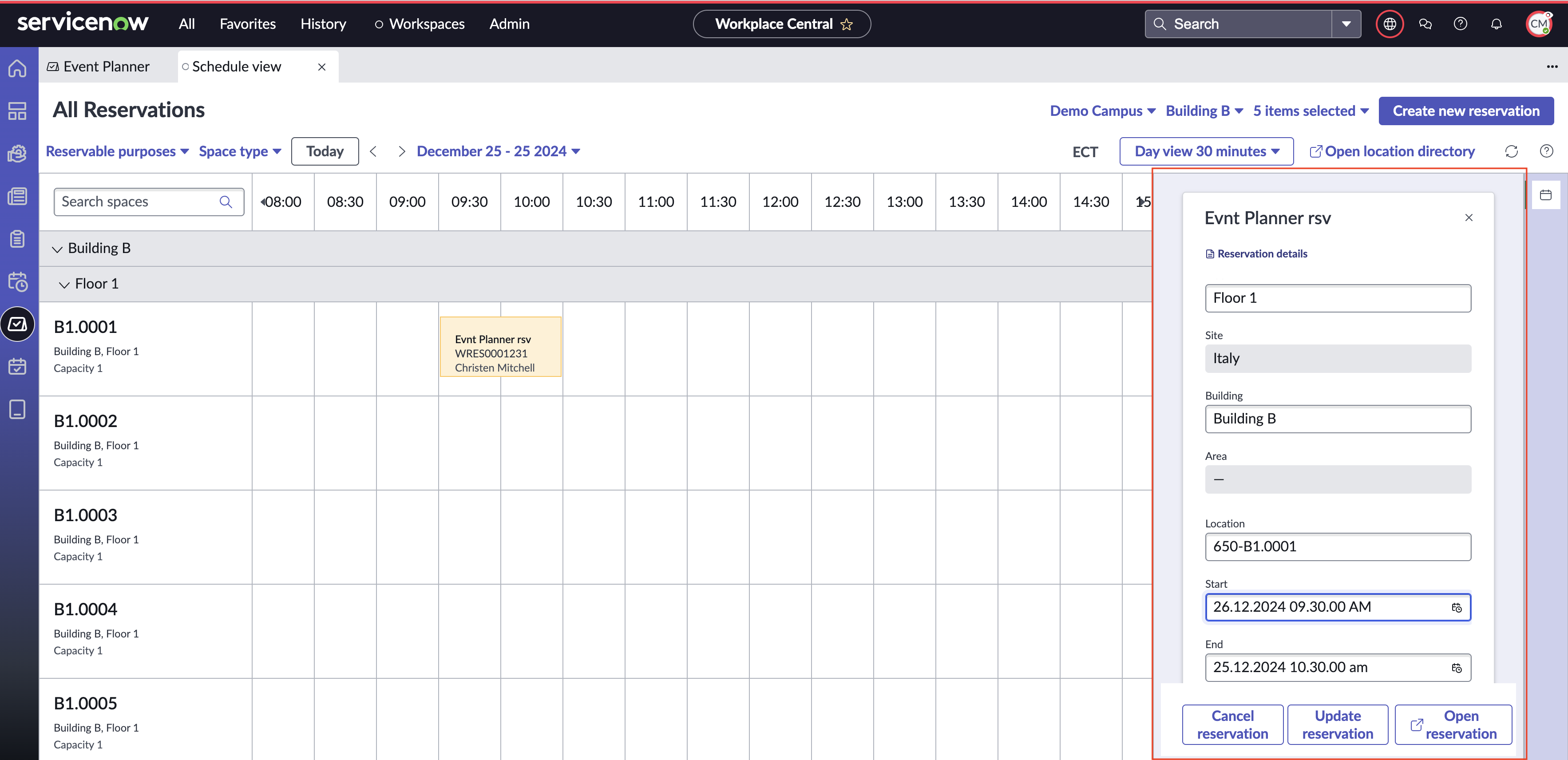 Update reservation contextual side-panel window to modify location, date, and time for a reservation.