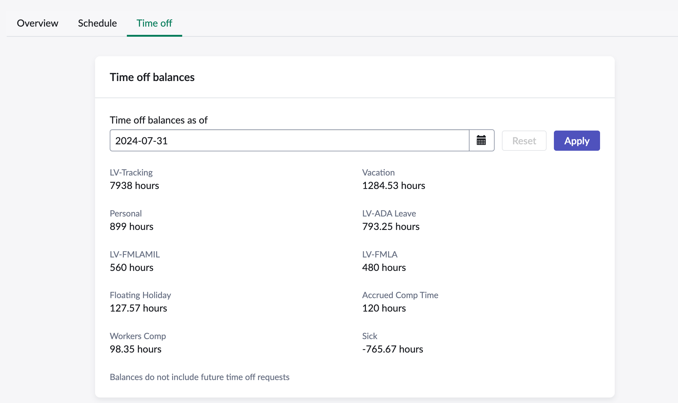 Time off balances tab displays the date picker with a selection and the Apply button enabled.