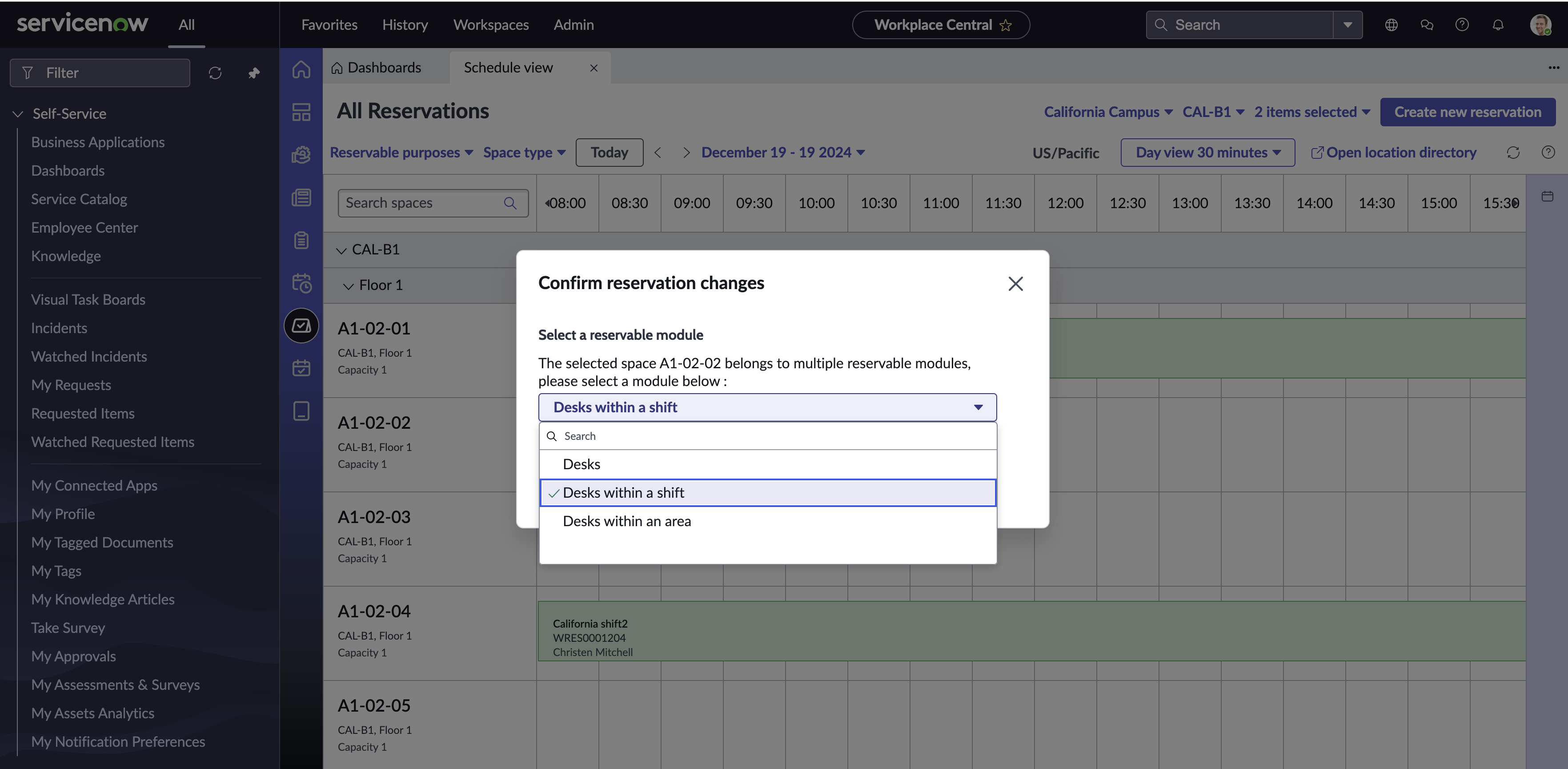Confirm reservation changes dialog box showing a shift-based Reservable module.