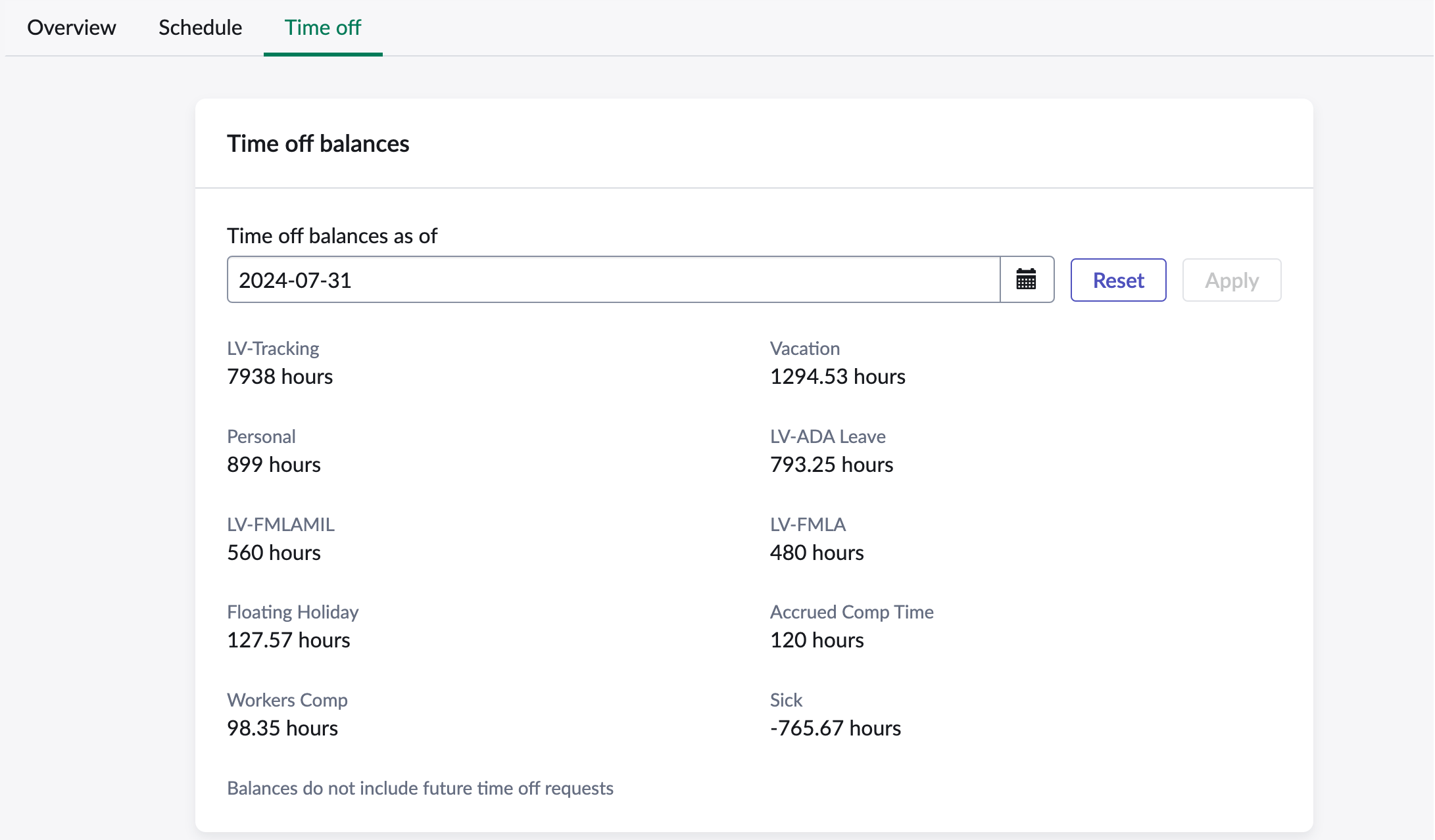 Time off balances tab displays the date picker with a selection and the reset button enabled.