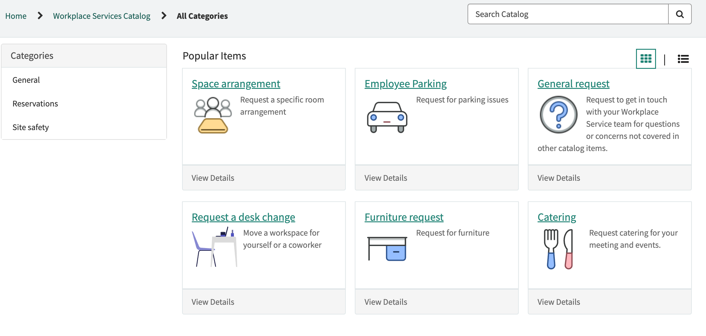 The workplace services created using the Workplace Case Management application are displayed in the Workplace Service Portal in a Workplace Service Catalog