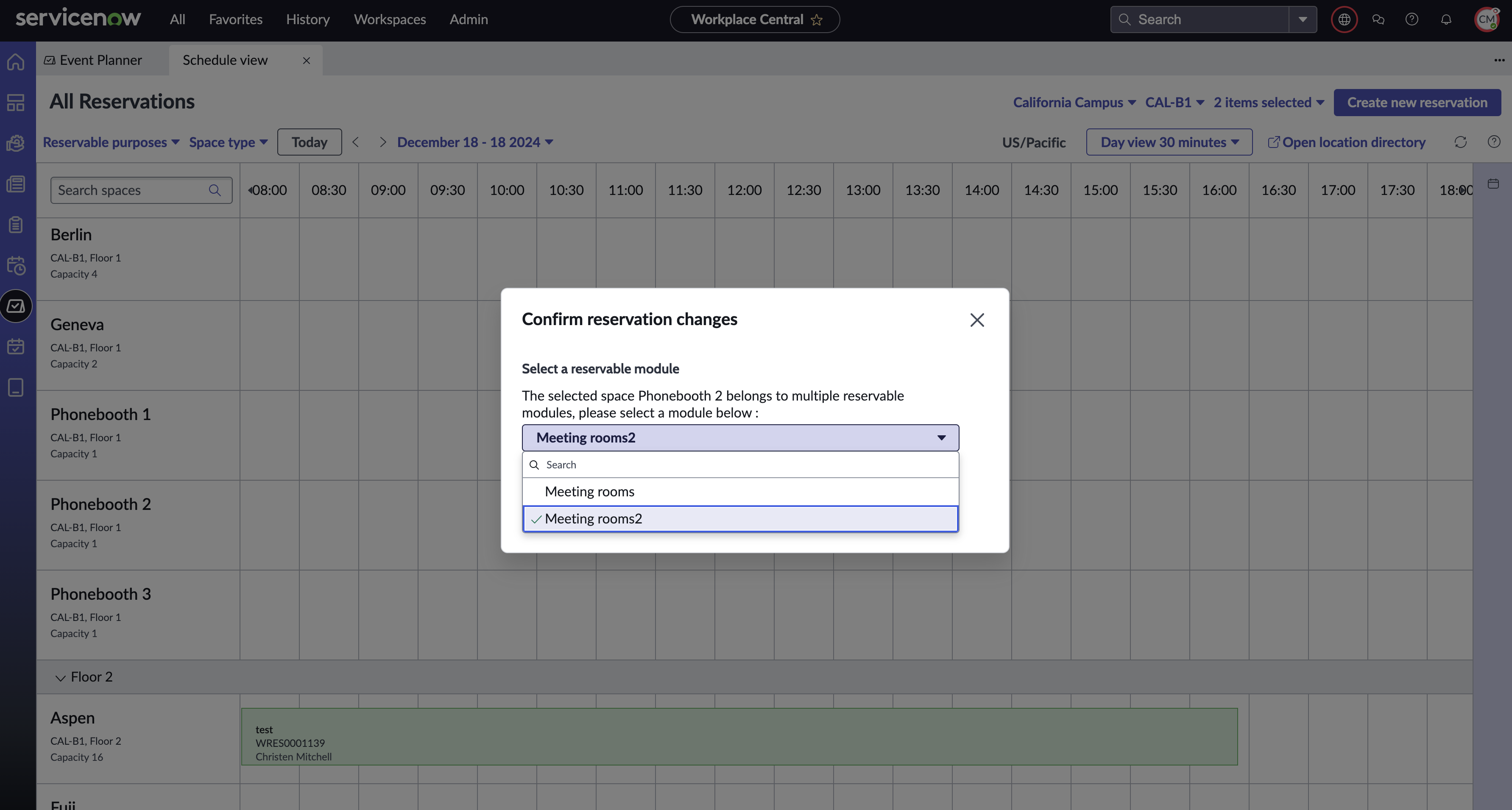 The Confirmation reservation changes dialog box showing options to select Reservable modules.