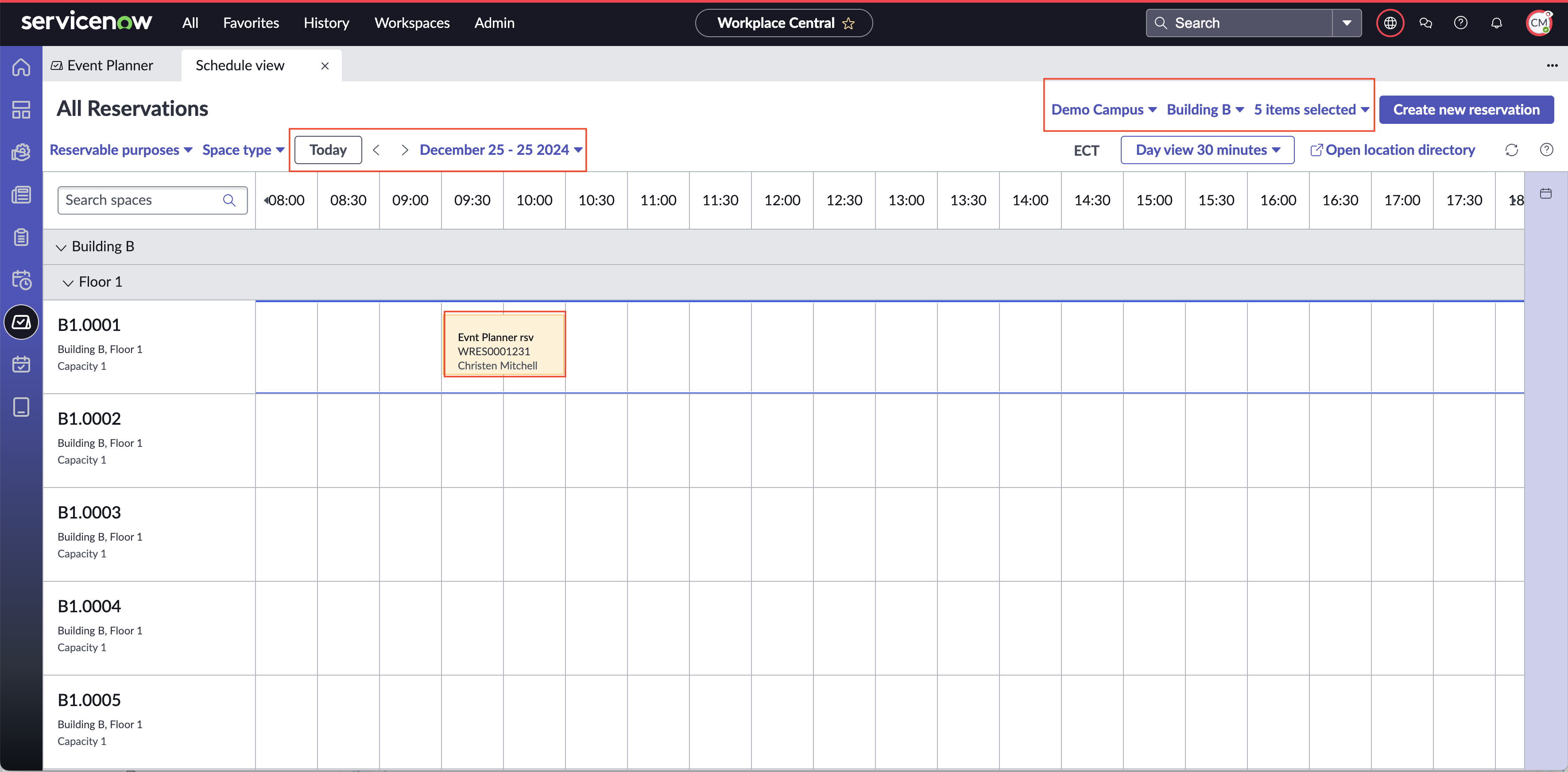Scheduled view page showing Date picker to select date to verify reservations.