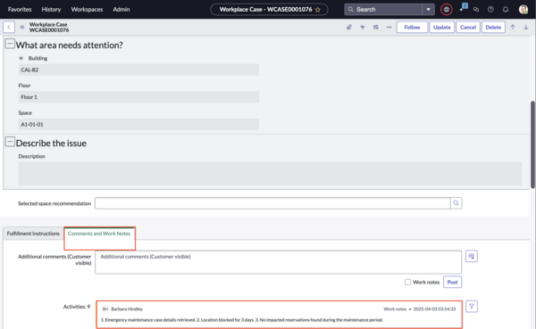 Comments and Work notes section showing the emergency maintenance case activity log and resolution notes.