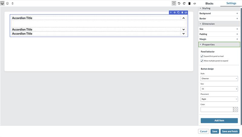Basic view of the Accordion property panel with style and setting options