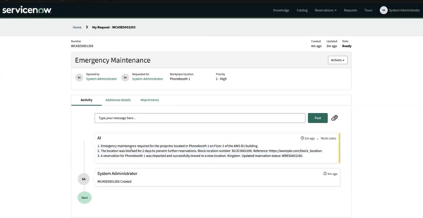 Emergency Maintenance request showing the agent activity notes in the Activity tab.