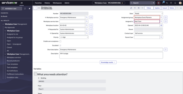 Workplace case for Emergency maintenance showing Workplace Event Planners assignment group.