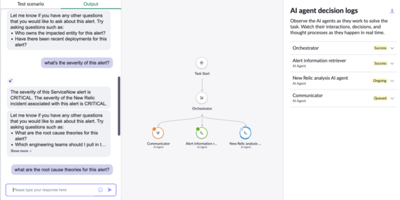 Now Assist answers a question about the severity of an alert. The UI also visualizes the agentic workflow and displays AI agent decision logs.