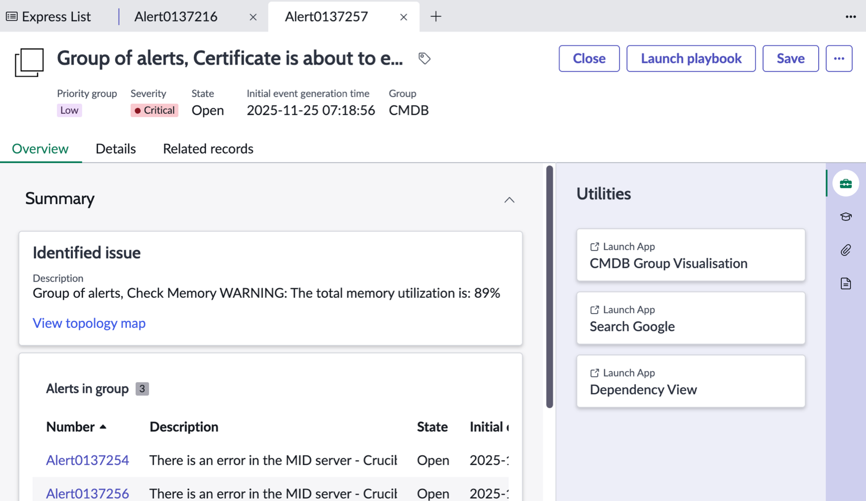 Alert record in Express list with Dependency View button highlighted.