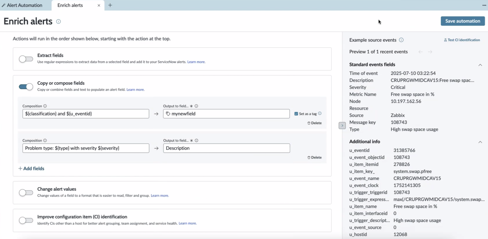 Compose alert fields