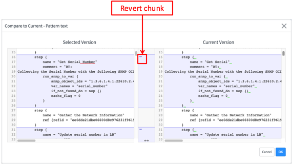 Click Revert chunk to replace the step in the current step with the step from the previous version.