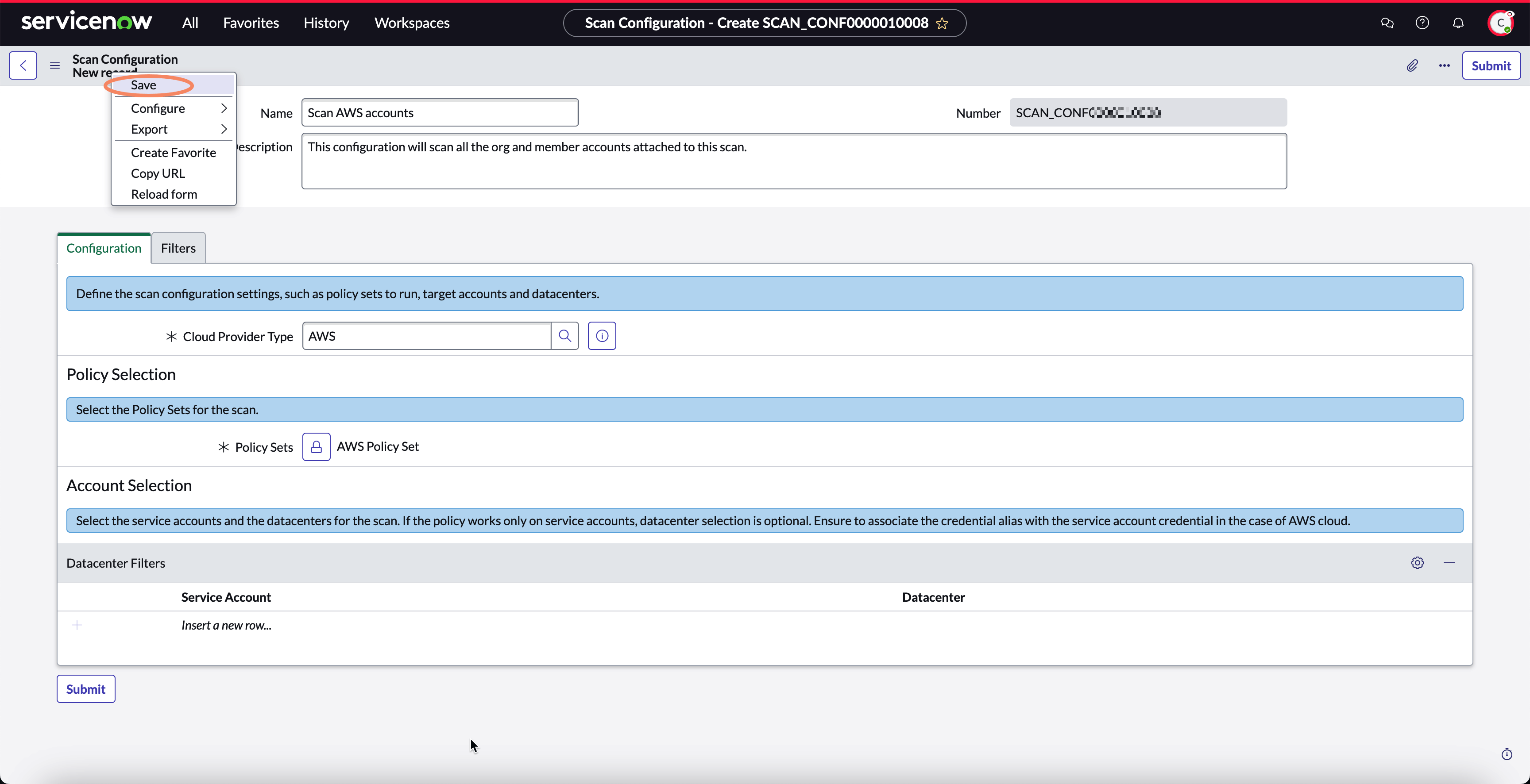 Save Cloud Configuration Governance Scan Configuration
