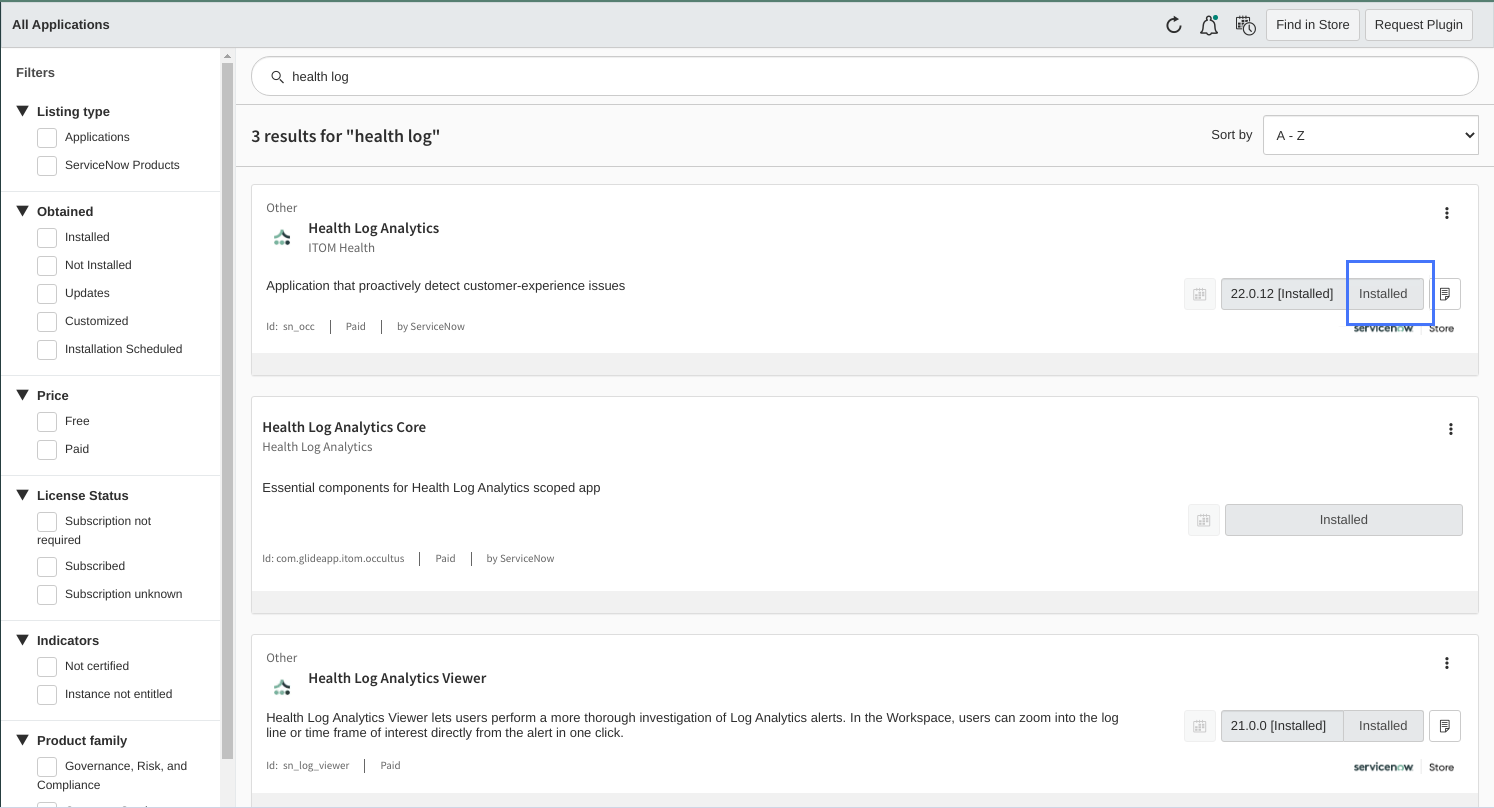 Health Log Analytics is installed on the instance.