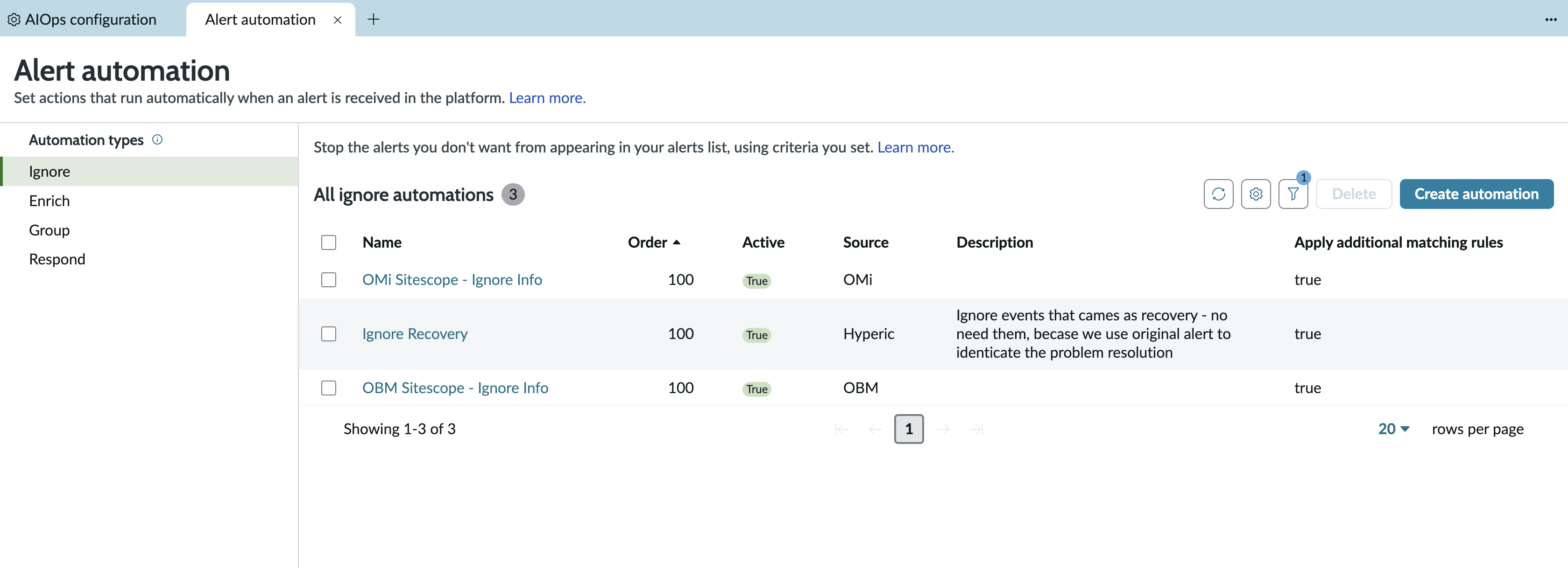 Alert automations page with option to create automation to enrich, group, or escalate and notify.