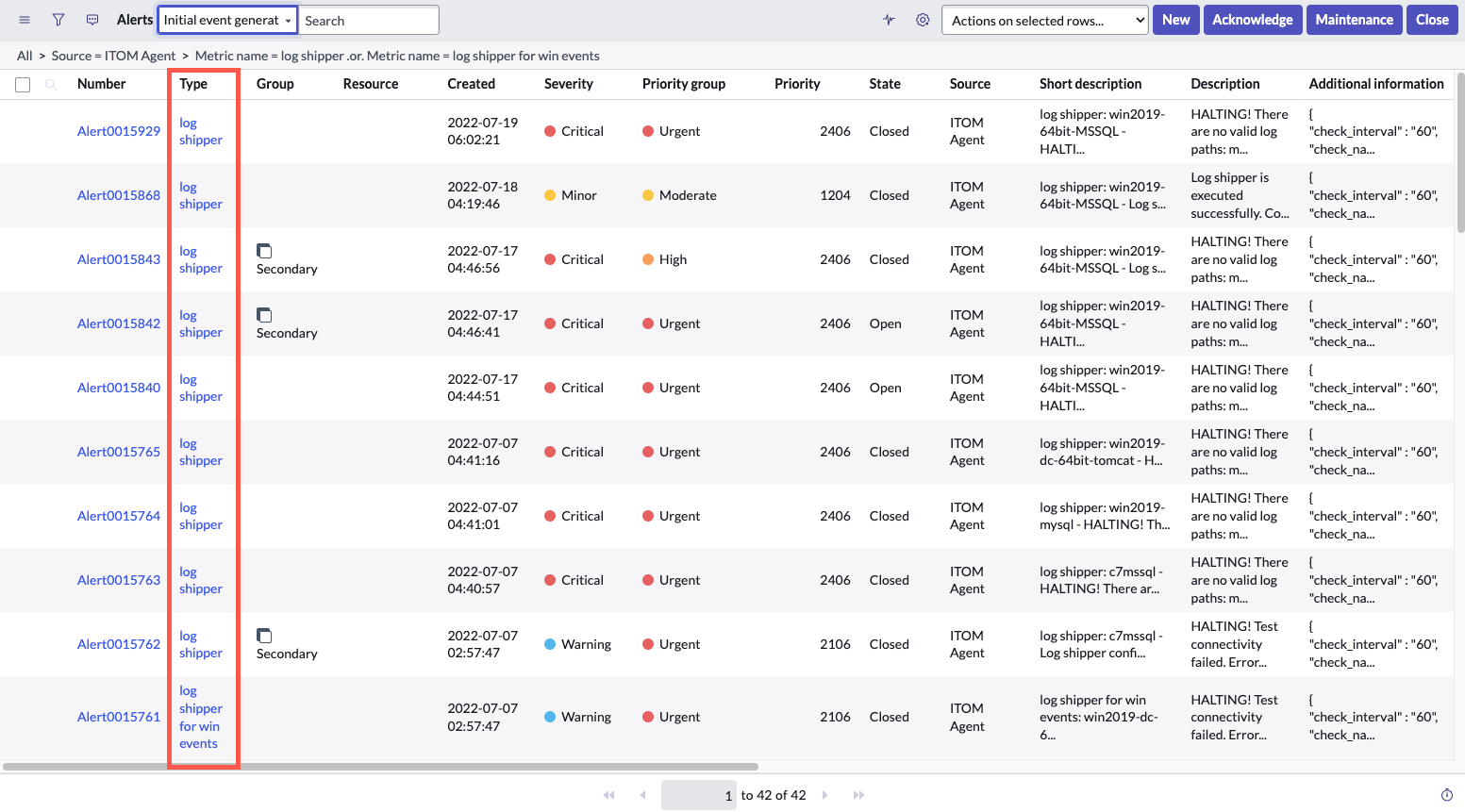 Log shipper Alerts list.