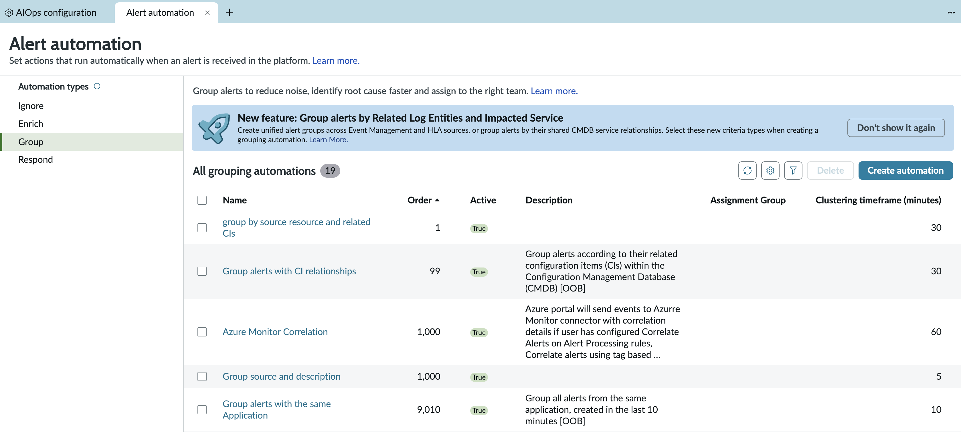 Group alerts page opens.