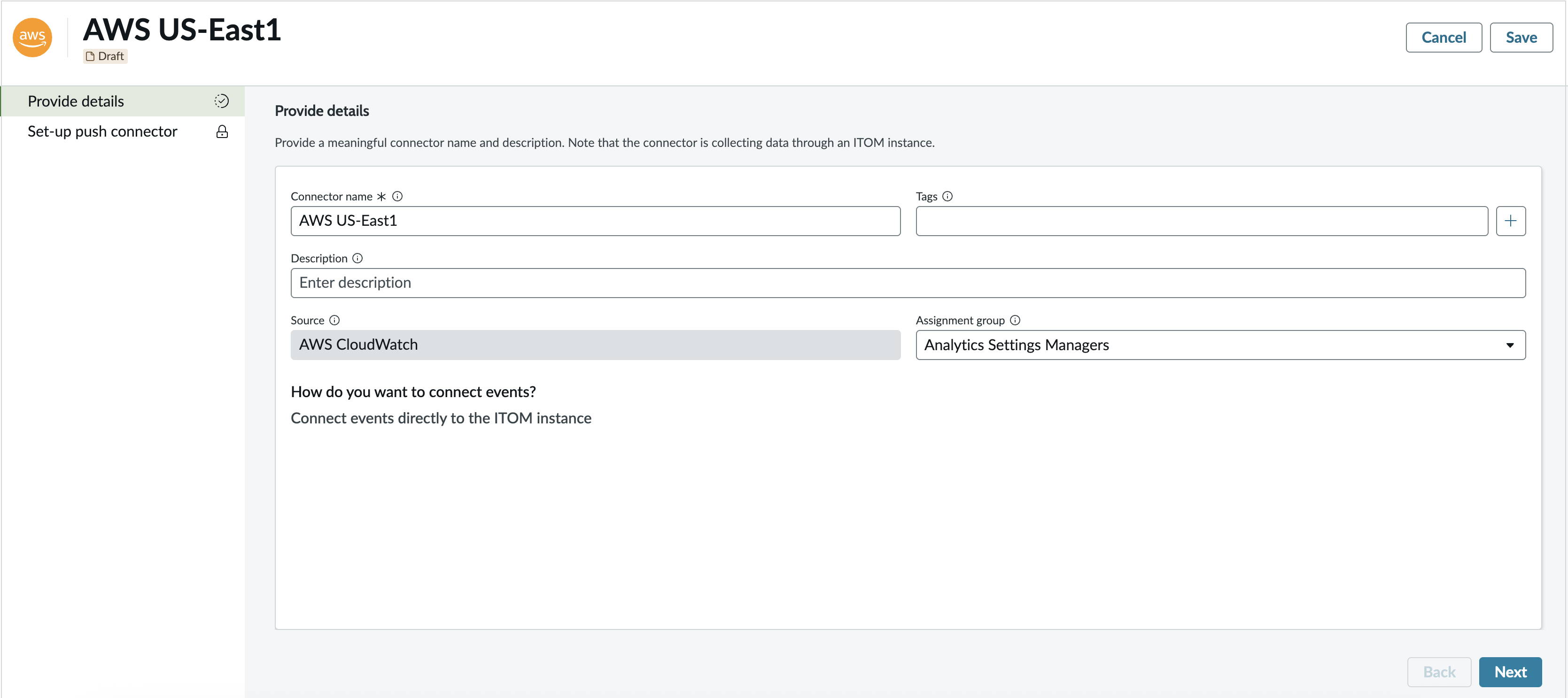 Push connector details page