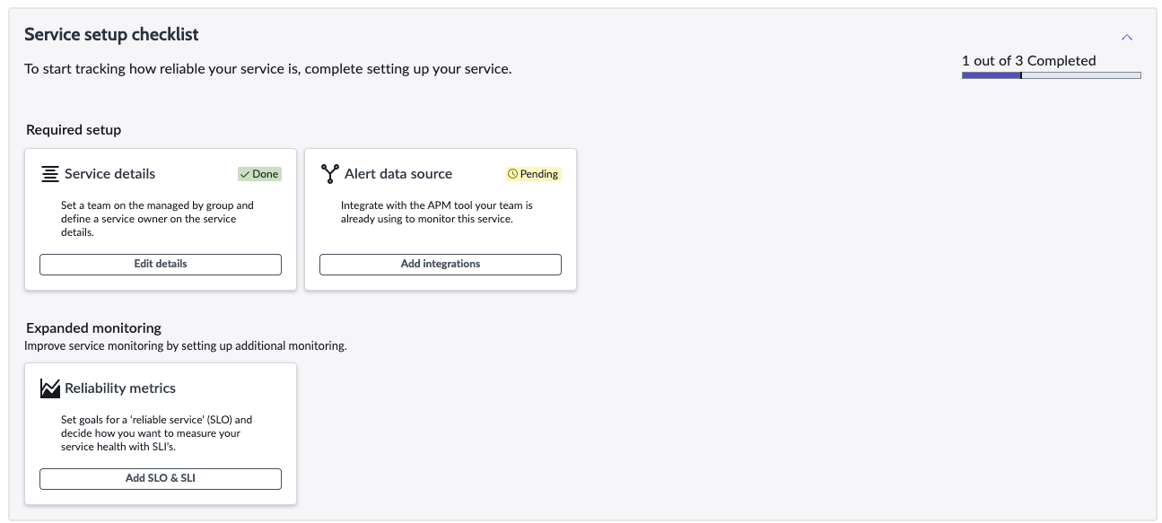 The service setup checklist shows the required setup information: service details and alert data source.