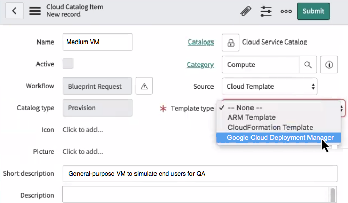 Define a catalog item based on a template
