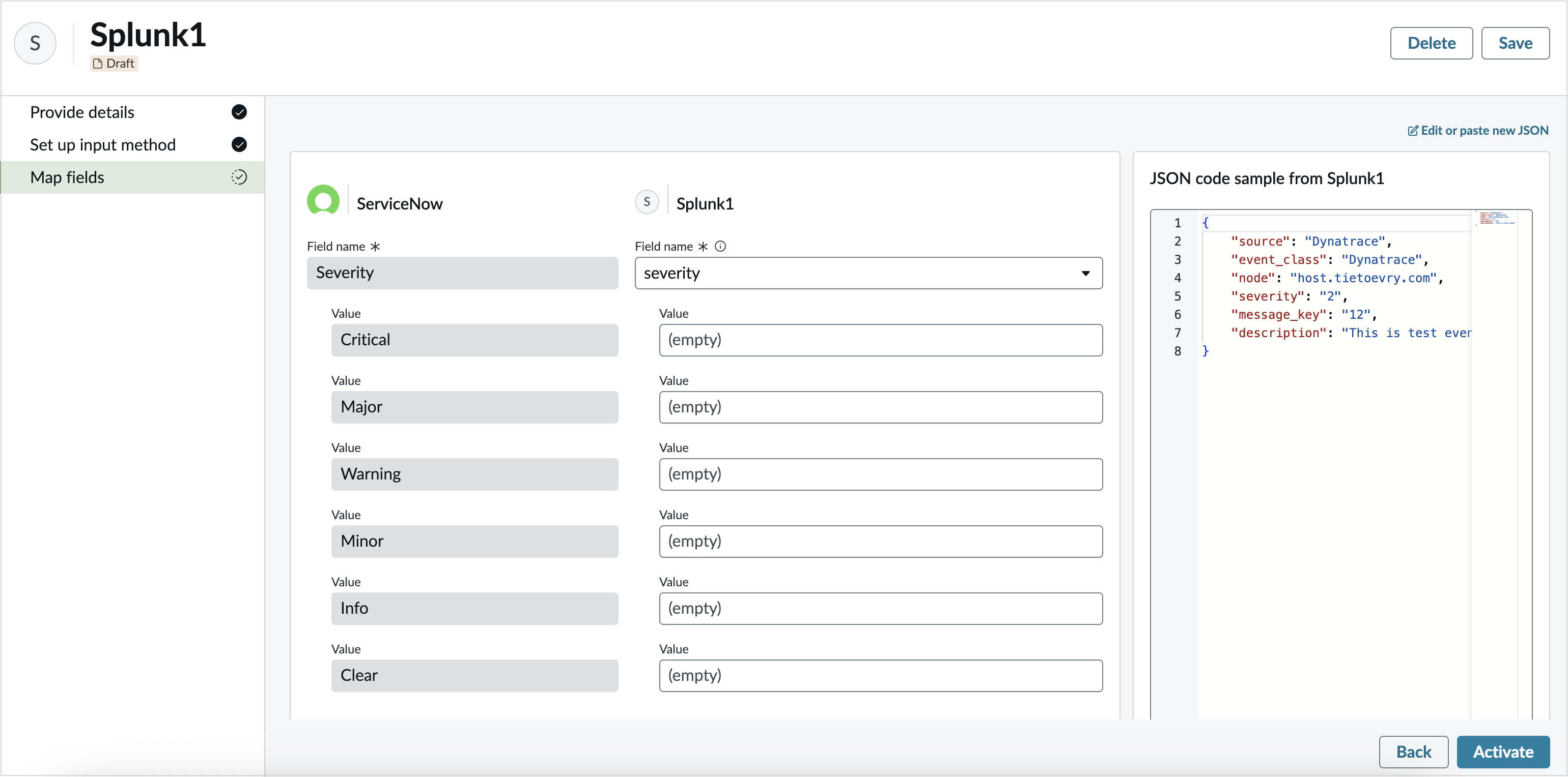 Custom connector field mapping option page.