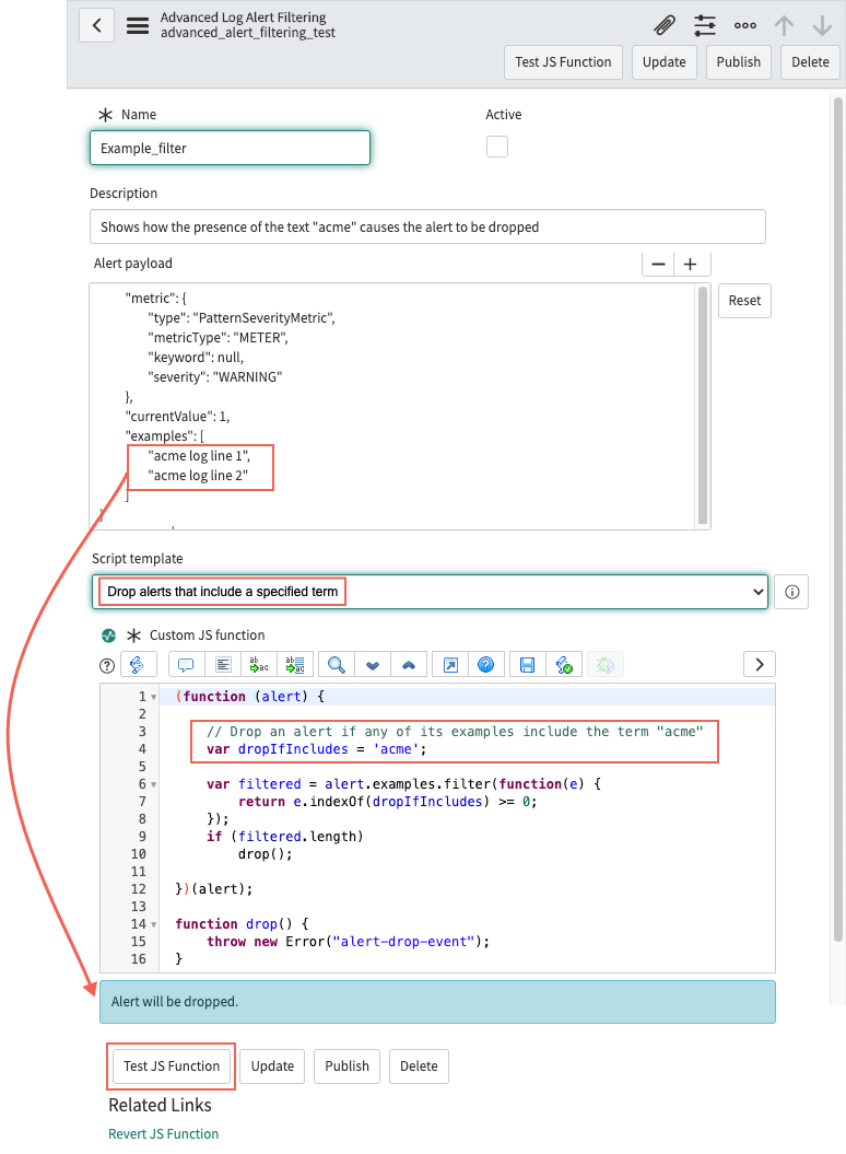 Testing the JavaScript to determine whether to allow or drop the alert.