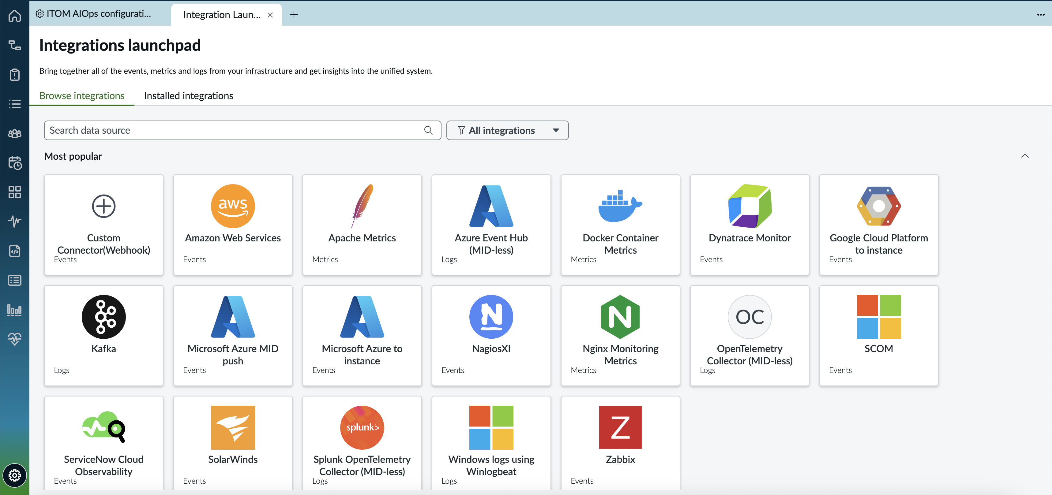 Browse integrations tab displaying all integration tiles.