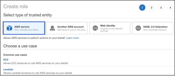 Select the AWS service option for creating an IAM role of the trusted accout