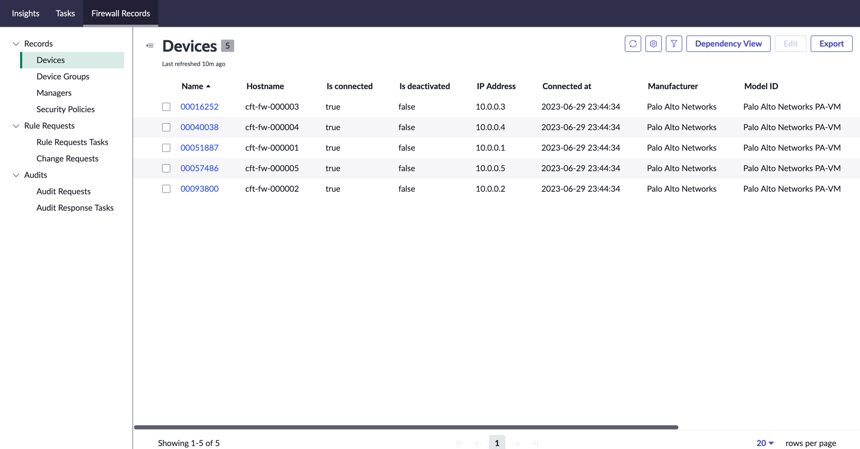 The Firewall Records tab displays categories on the sidebar, and records in the tables.