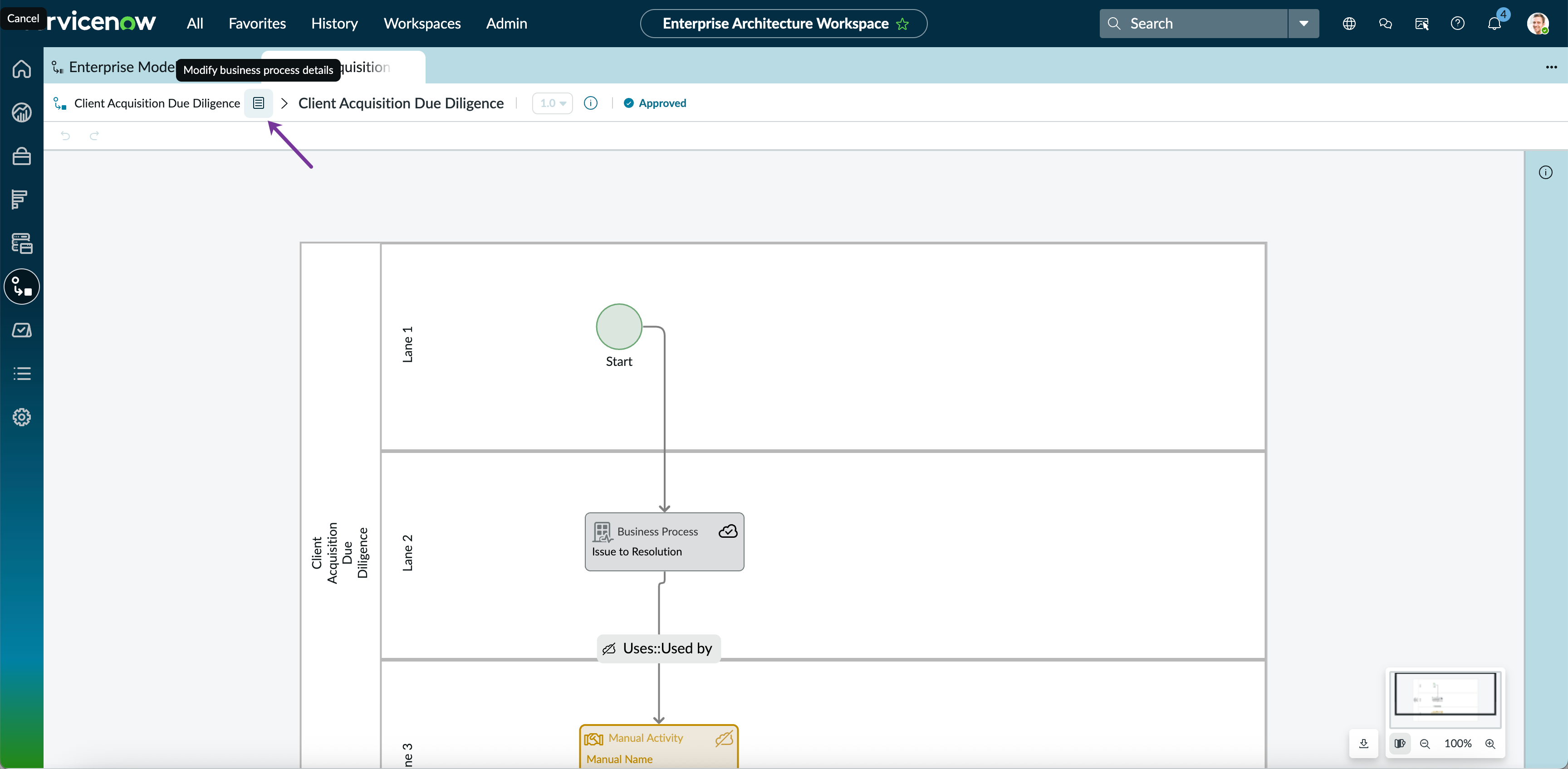 Modify business process details icon on the bpmn diagram page