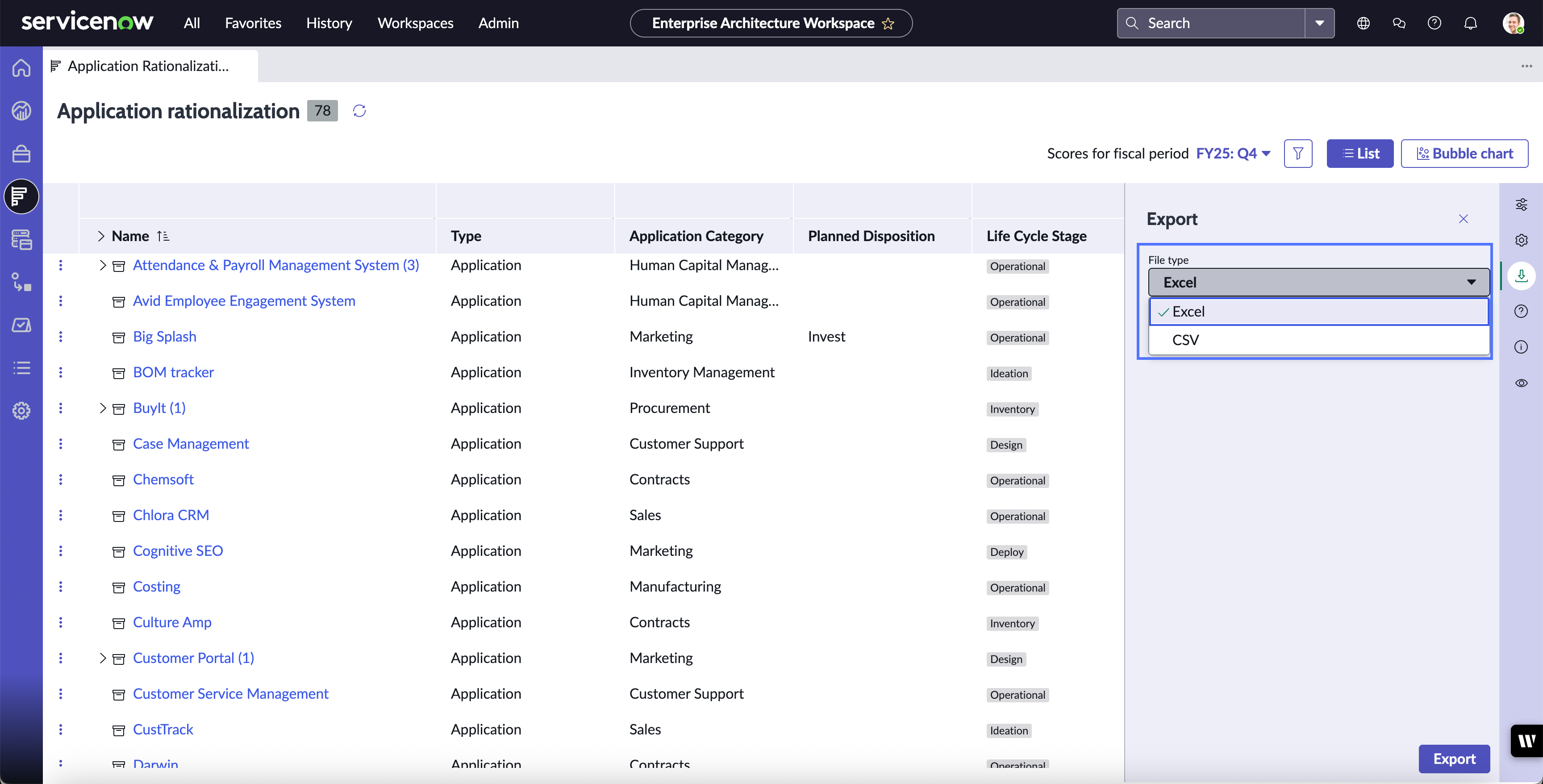Export pane on Application Rationalization List page highlighted.