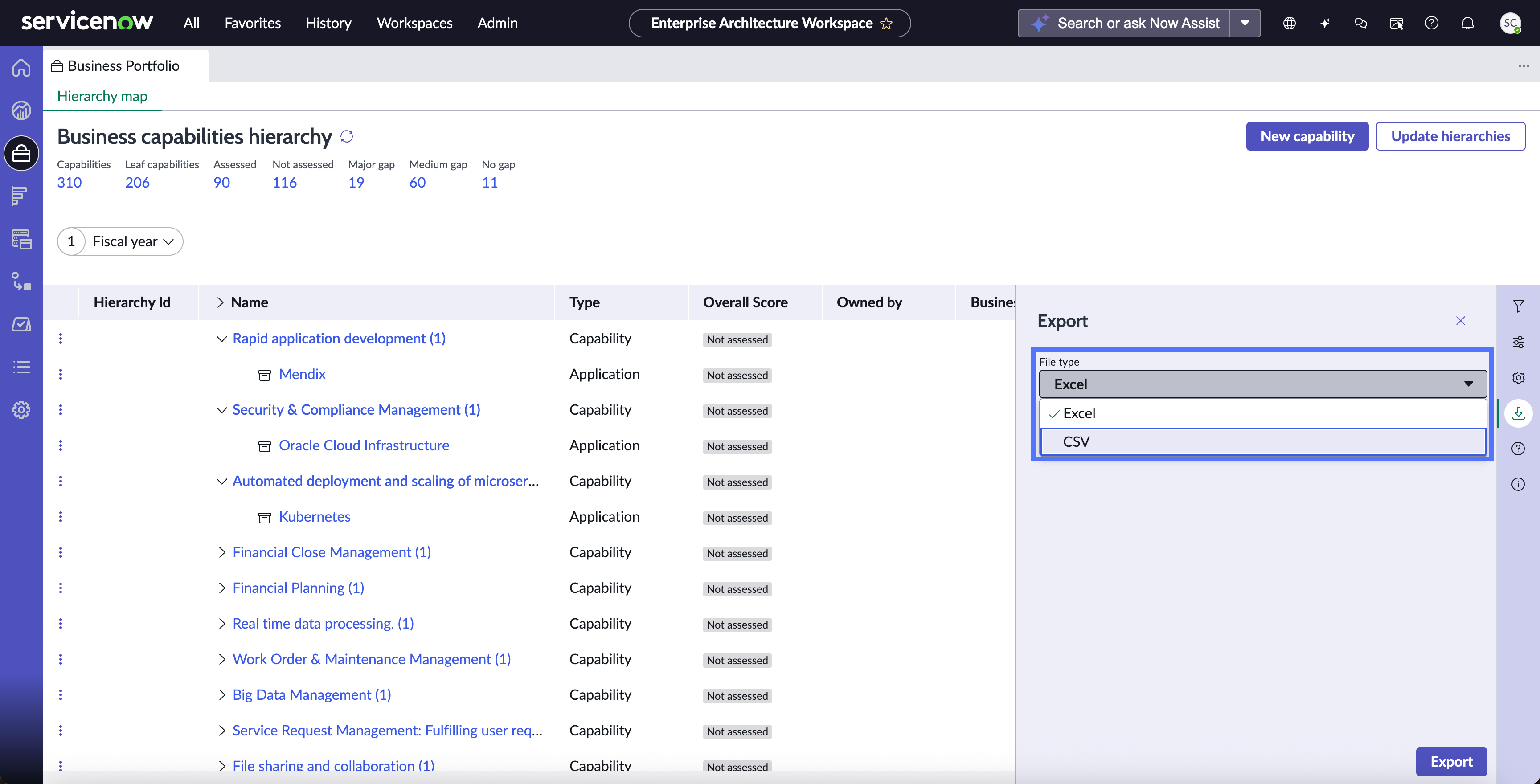 Export pane on the Business capabilities hierarchy page highlighted.