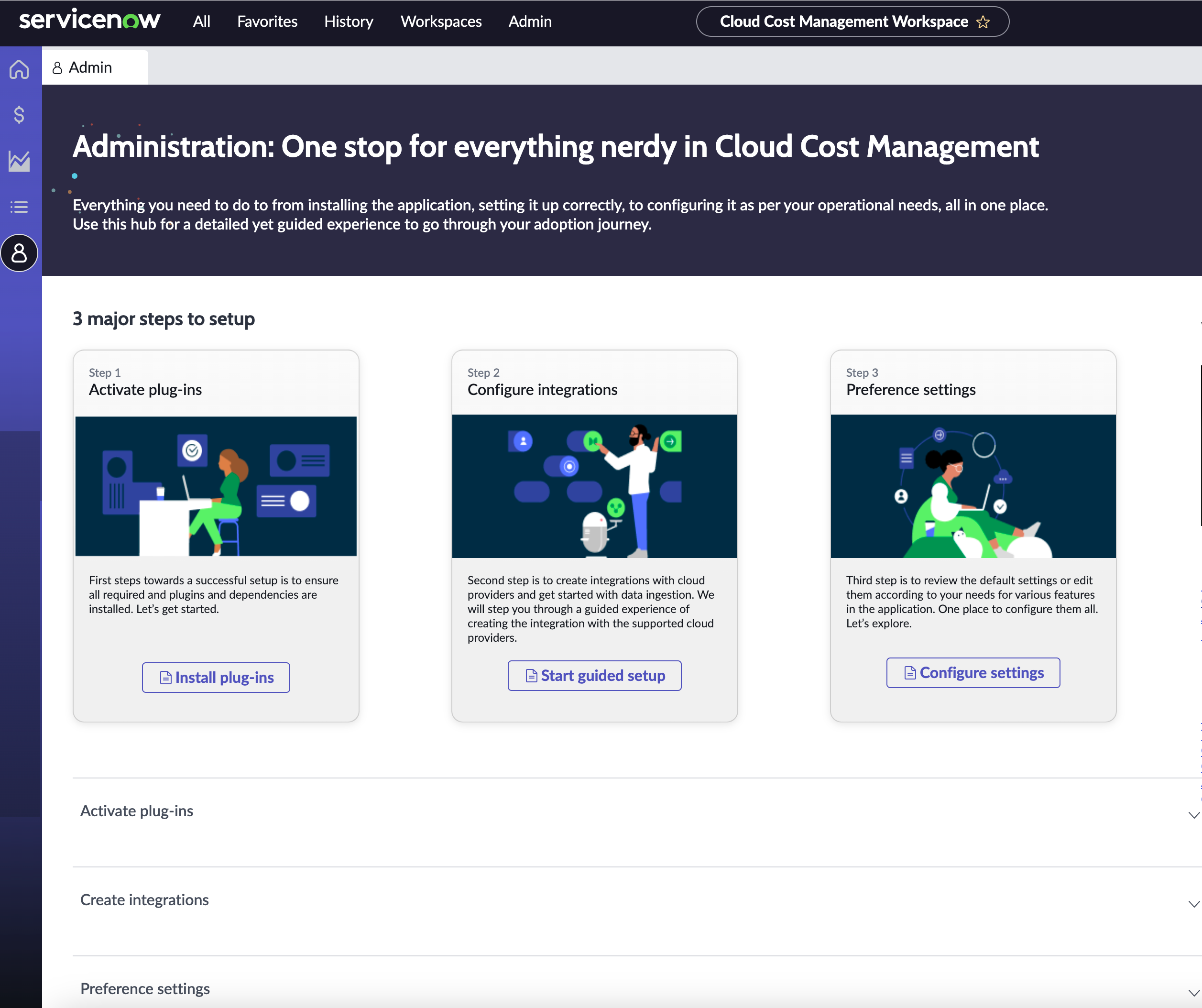 Admin view in Cloud Cost Management Workspace.