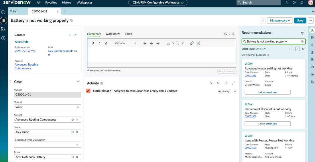 The Front-line case page enables agents to focus on four main areas, including contact information, case details, the activity stream, and the contextual side panel.