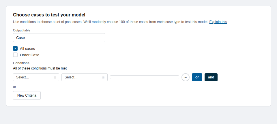 Case sentiment model with multiple condition fields that filter past cases for sentiment prediction.
